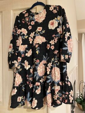 Zara Black Dress with Pink, Cream & Blue Floral Print